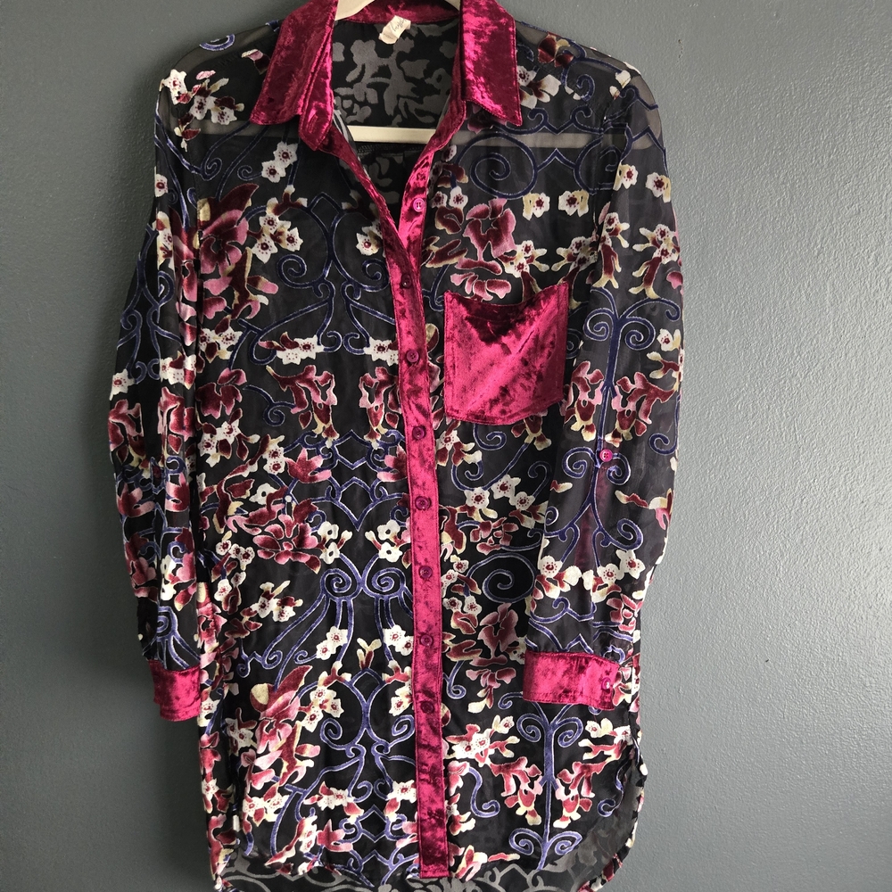 Velvet Burnout Sheer Floral Women's Small Whimsigoth Tunic - Picture 5 of 9